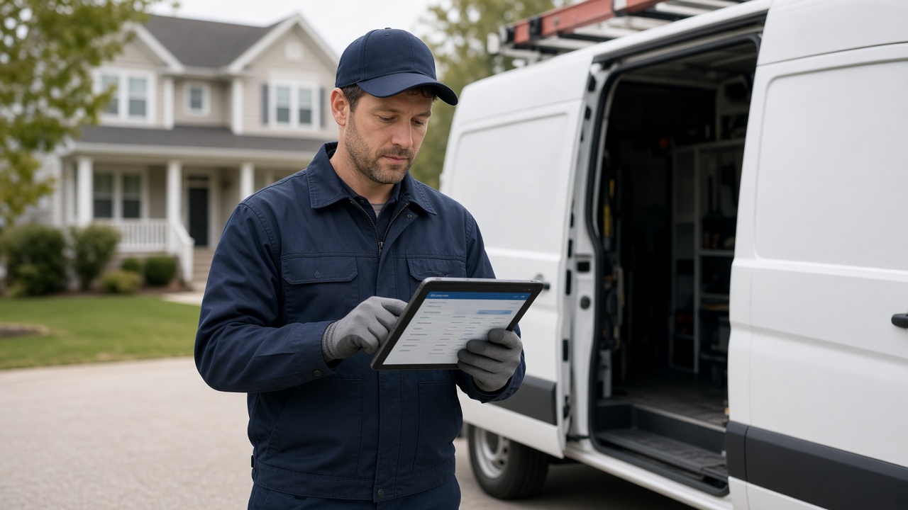 Field tech using a tablet beside a work van